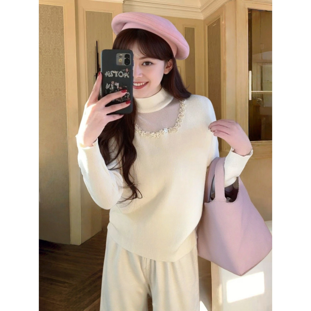 預購款C175/加厚一體絨掛脖網紗鏤空毛衣女秋冬新款顯瘦加絨內搭打底針織衫-細節圖3