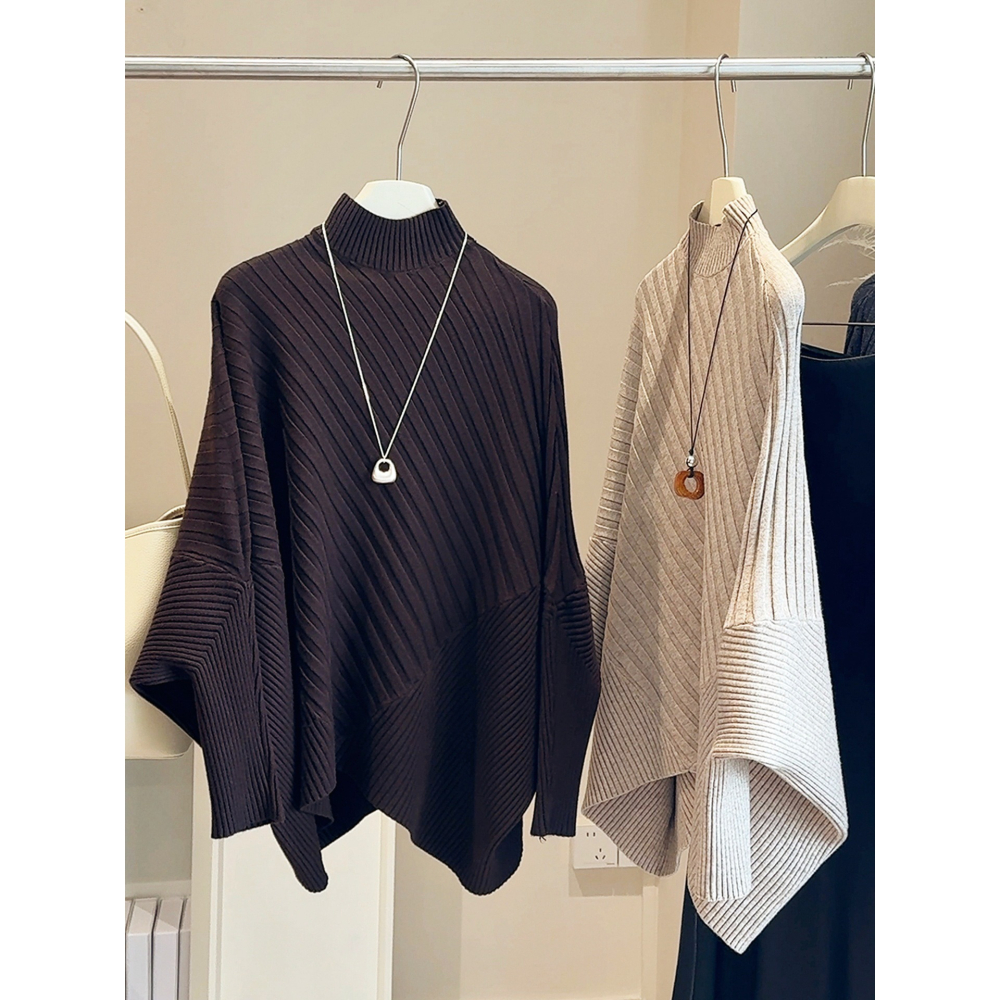 預購款C178/小眾設計感慵懶風蝙蝠袖斗篷式半高領毛衣寬鬆針織衫-細節圖2