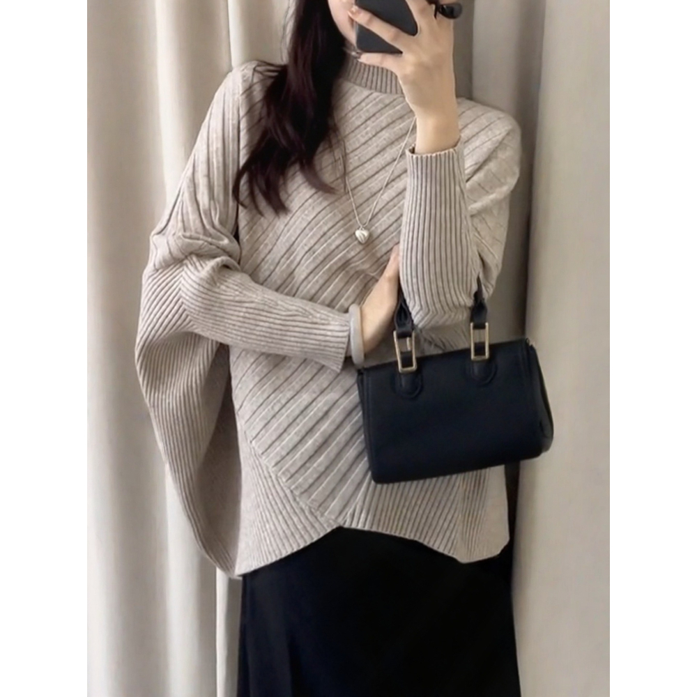 預購款C178/小眾設計感慵懶風蝙蝠袖斗篷式半高領毛衣寬鬆針織衫-細節圖4