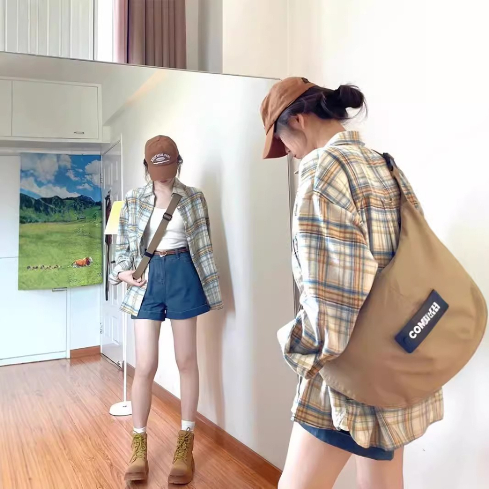 預購款C179/復古格紋女慵懶風寬鬆襯衫-細節圖3