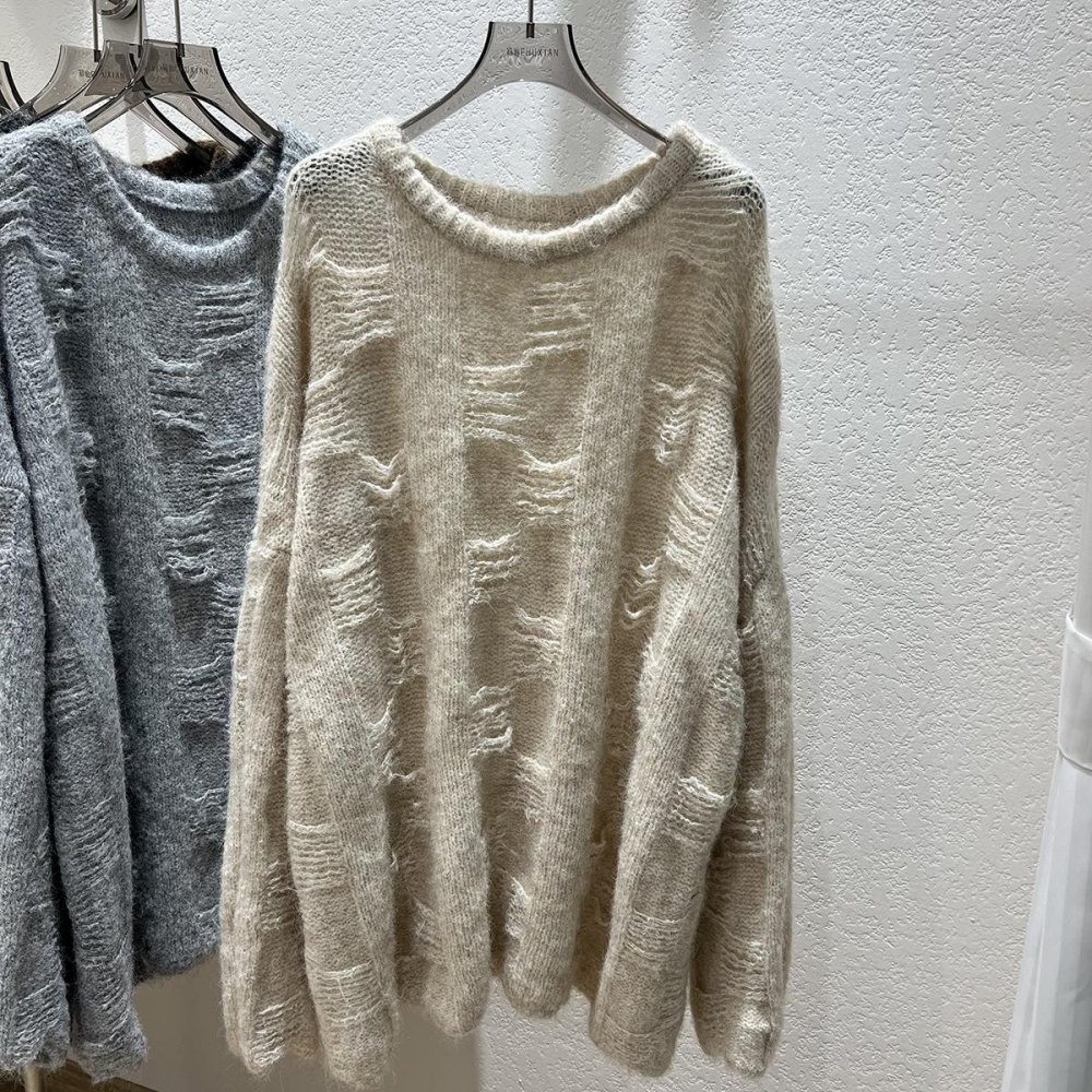 預購款C218/YS純色破洞圓領軟糯秋冬寬鬆慵懶風針織毛衣-細節圖6