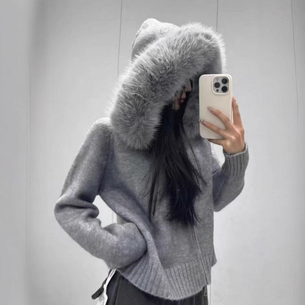 預購款C221/YUNSHU慵懶風大毛領連帽外穿毛衣外套女秋冬季新款拉鍊針織衫-細節圖4