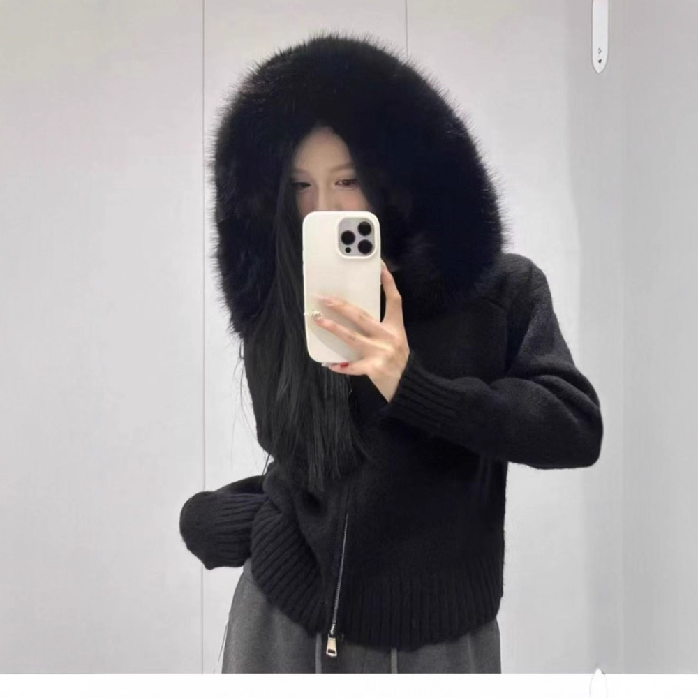 預購款C221/YUNSHU慵懶風大毛領連帽外穿毛衣外套女秋冬季新款拉鍊針織衫-細節圖5