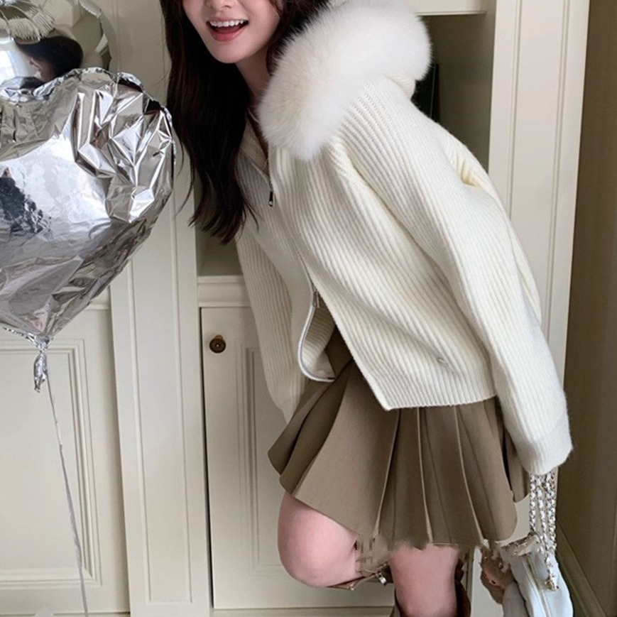 預購款C221/YUNSHU慵懶風大毛領連帽外穿毛衣外套女秋冬季新款拉鍊針織衫-細節圖7