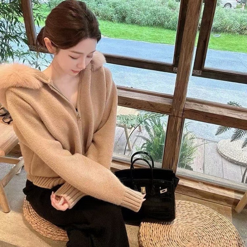 預購款C221/YUNSHU慵懶風大毛領連帽外穿毛衣外套女秋冬季新款拉鍊針織衫-規格圖8