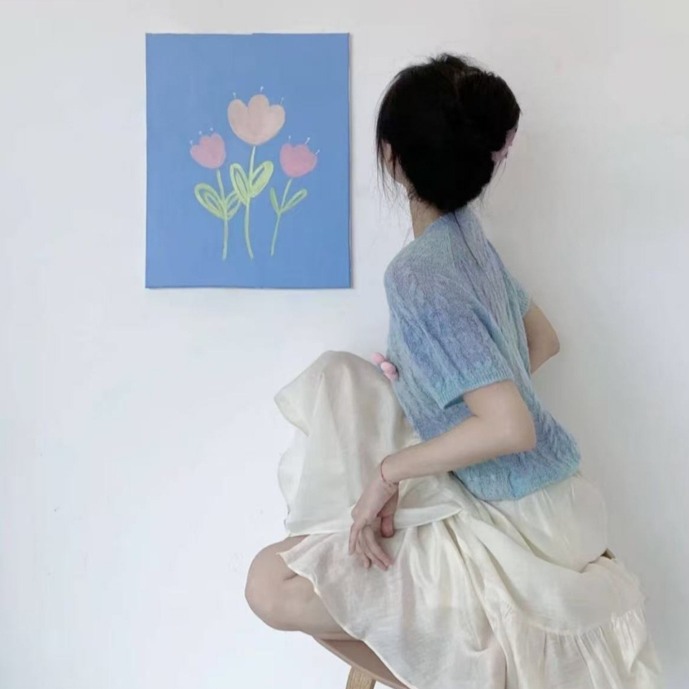 預購款C222/YS圓領花朵天藍色漸層馬海毛冰絲短袖針織衫初秋小眾正肩短上衣-細節圖2