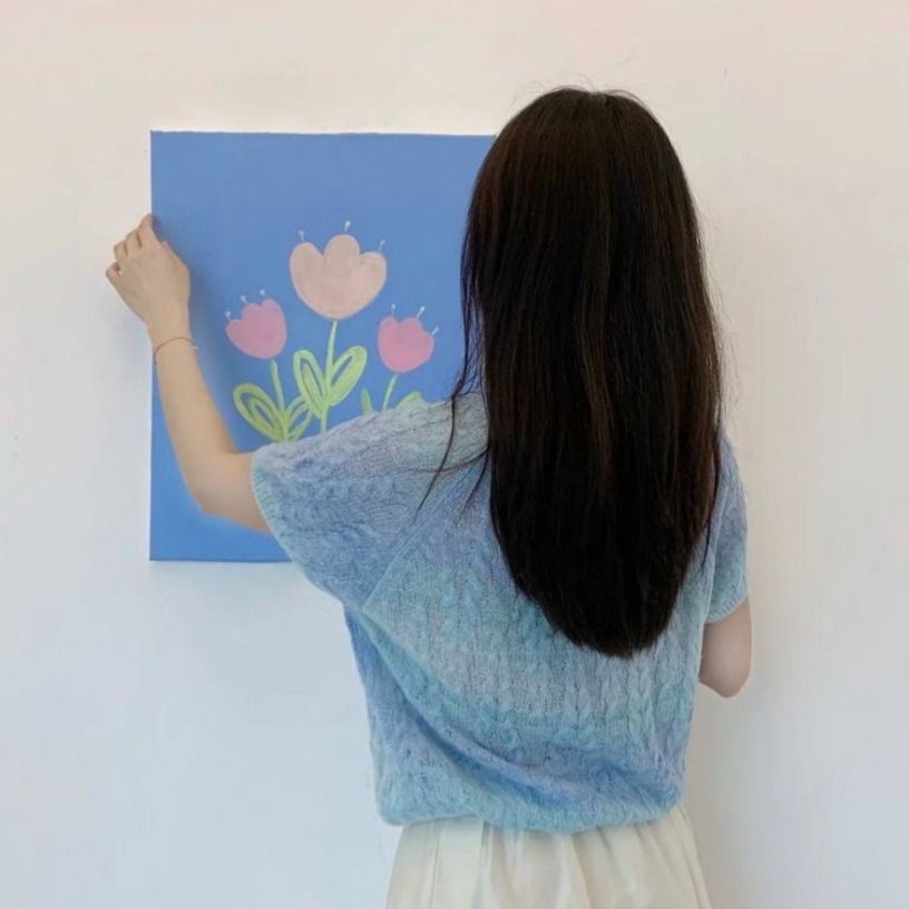 預購款C222/YS圓領花朵天藍色漸層馬海毛冰絲短袖針織衫初秋小眾正肩短上衣-細節圖3