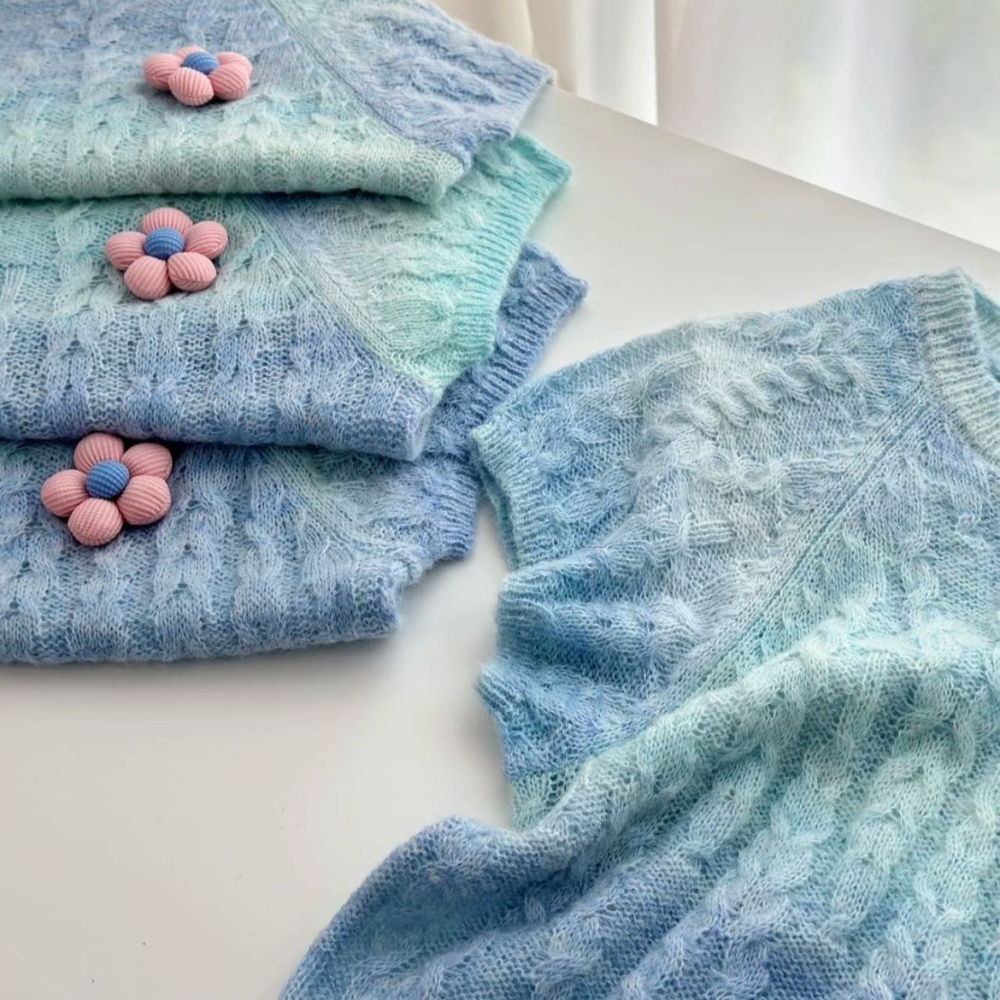 預購款C222/YS圓領花朵天藍色漸層馬海毛冰絲短袖針織衫初秋小眾正肩短上衣-細節圖4