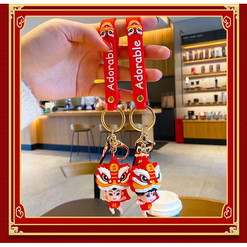 【台灣出貨】醒獅寶寶鑰匙扣 醒獅鑰匙圈 廣東獅鑰匙圈 舞獅男孩鑰匙圈 卡通鑰匙圈 包包掛飾 書包吊飾 新年禮品-細節圖2