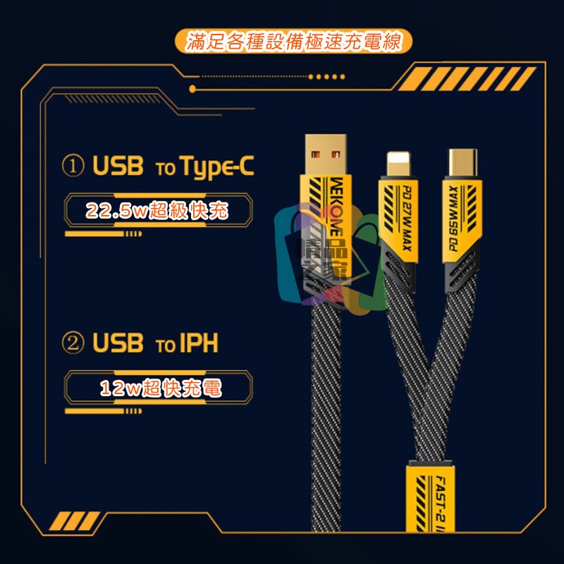 【台灣出貨】 機甲數據線 二合二充電線 PD快充線 蘋果15 Type-C 一拖二充電線 磁吸線 65W超級快充-細節圖3