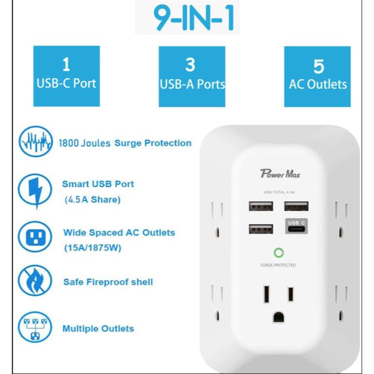 SB-C 壁式充電器 夜燈 3A 5插座 4USB 電湧保護 延長線 有小夜燈版本-細節圖2