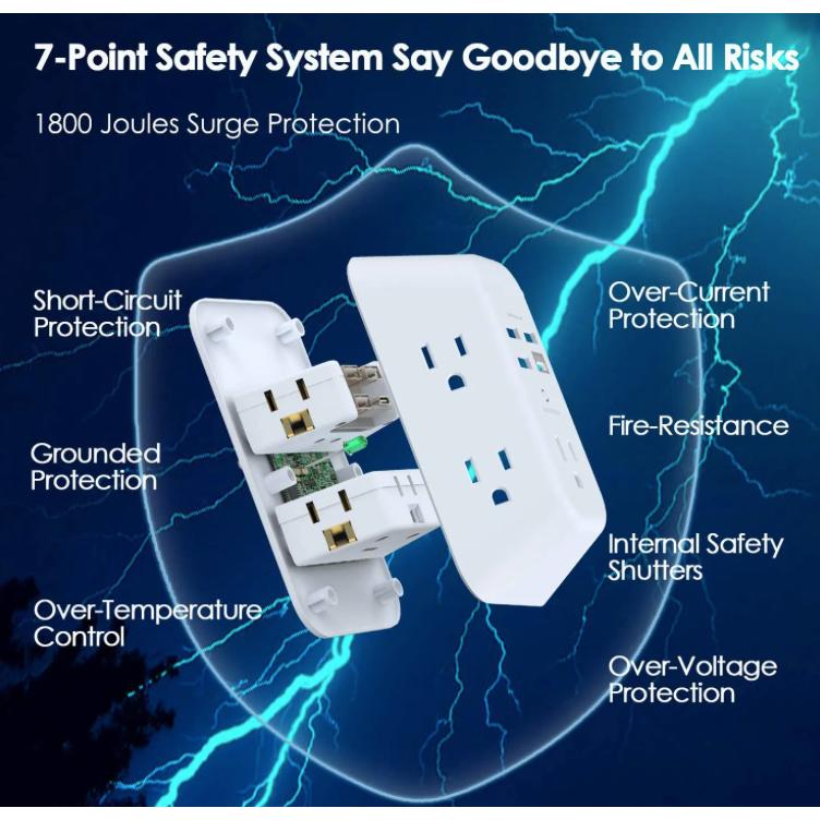 SB-C 壁式充電器 夜燈 3A 5插座 4USB 電湧保護 延長線 有小夜燈版本-細節圖6