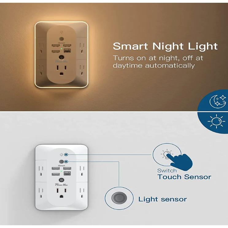 SB-C 壁式充電器 夜燈 3A 5插座 4USB 電湧保護 延長線 有小夜燈版本-細節圖8