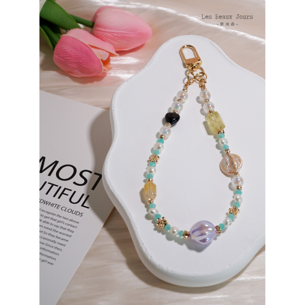 【樂波廚】《金運發發》招財 珍珠水晶 手機鍊｜天河石 × 巴洛克珍珠 × 黃水晶 × 金運石愛心-細節圖2