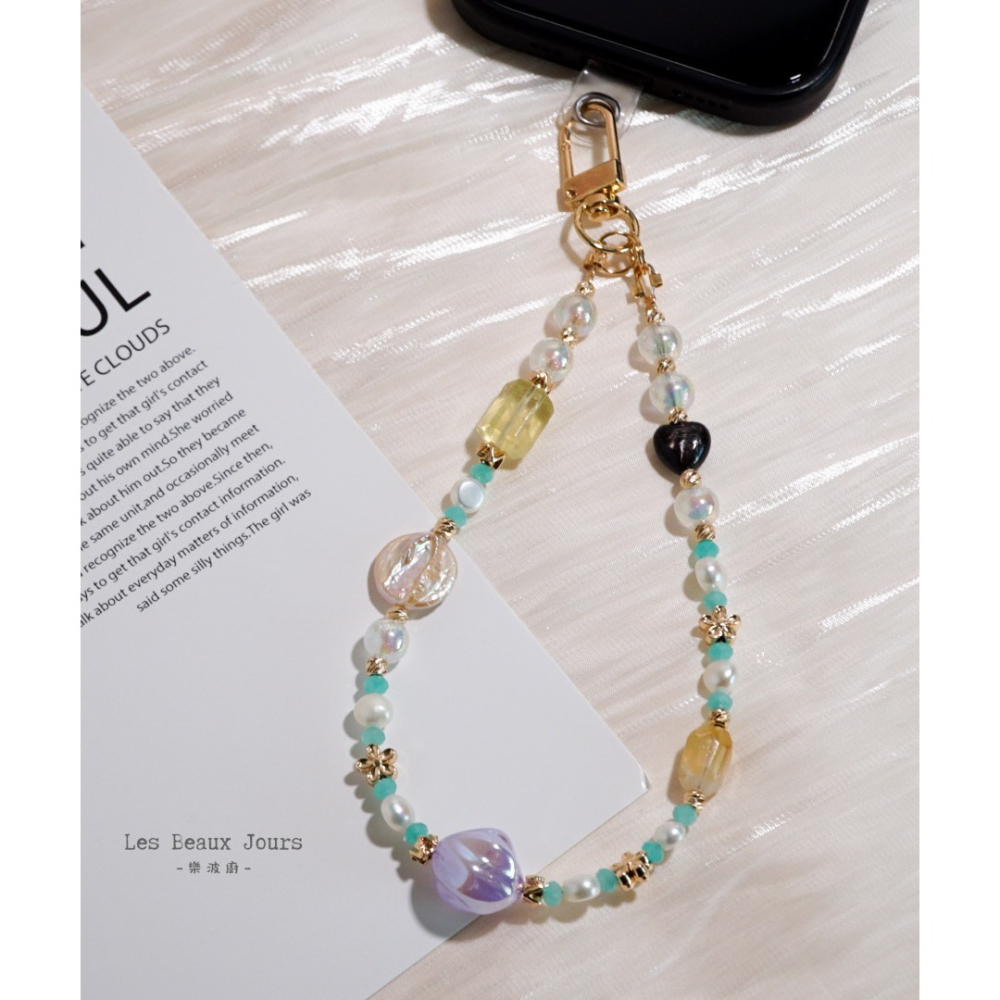 【樂波廚】《金運發發》招財 珍珠水晶 手機鍊｜天河石 × 巴洛克珍珠 × 黃水晶 × 金運石愛心-細節圖3