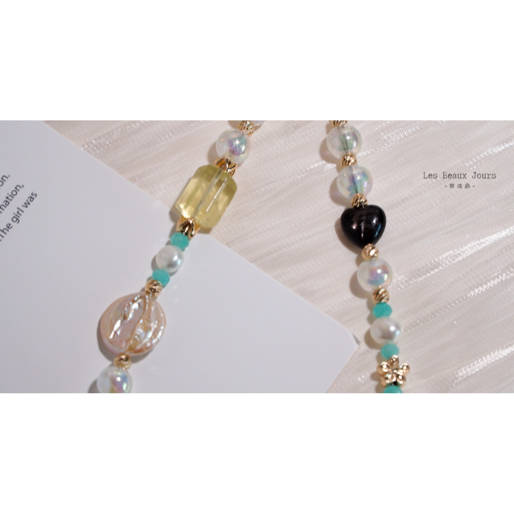 【樂波廚】《金運發發》招財 珍珠水晶 手機鍊｜天河石 × 巴洛克珍珠 × 黃水晶 × 金運石愛心-細節圖4