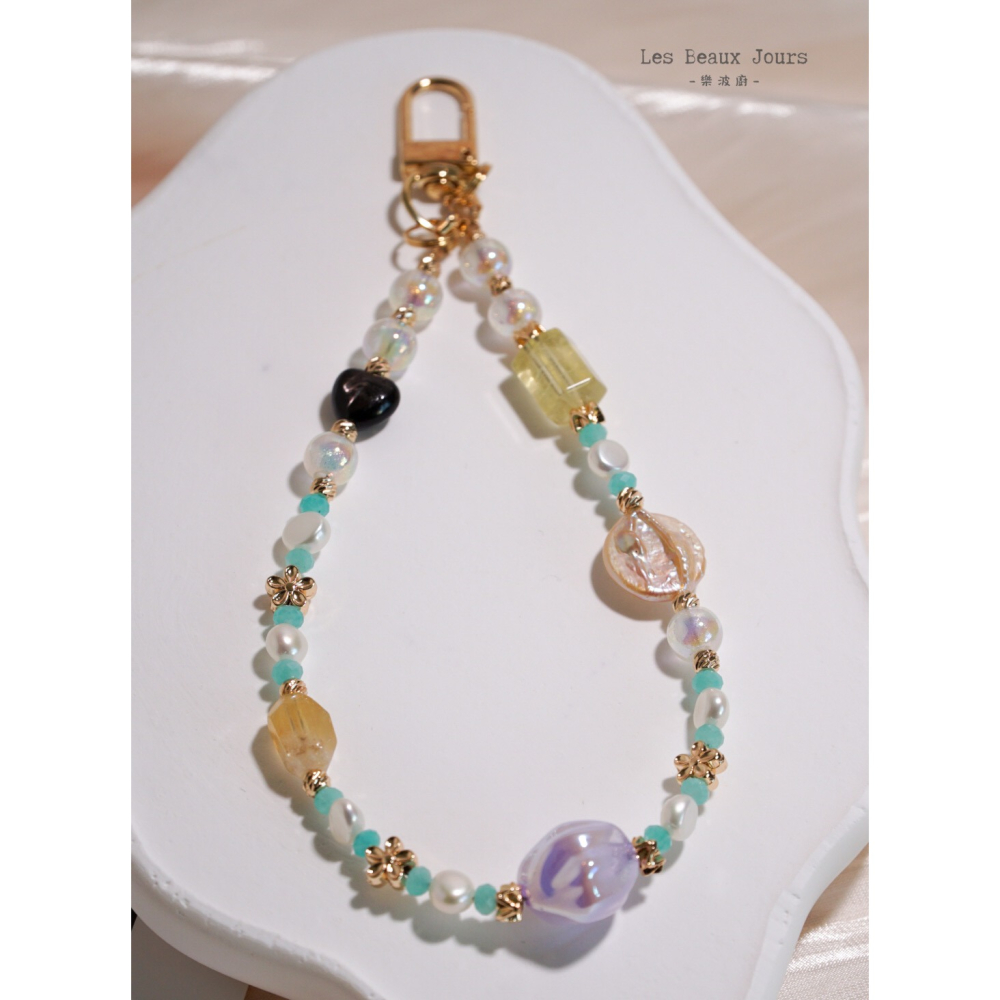 【樂波廚】《金運發發》招財 珍珠水晶 手機鍊｜天河石 × 巴洛克珍珠 × 黃水晶 × 金運石愛心-細節圖5
