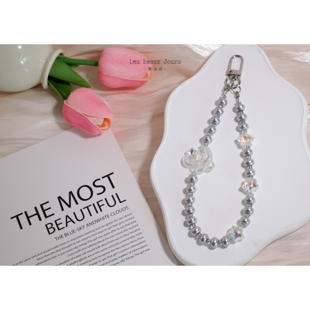 【樂波廚】《夢の銀河》銀灰珍珠手機鍊｜銀河 手作設計・掛繩・吊飾-細節圖3