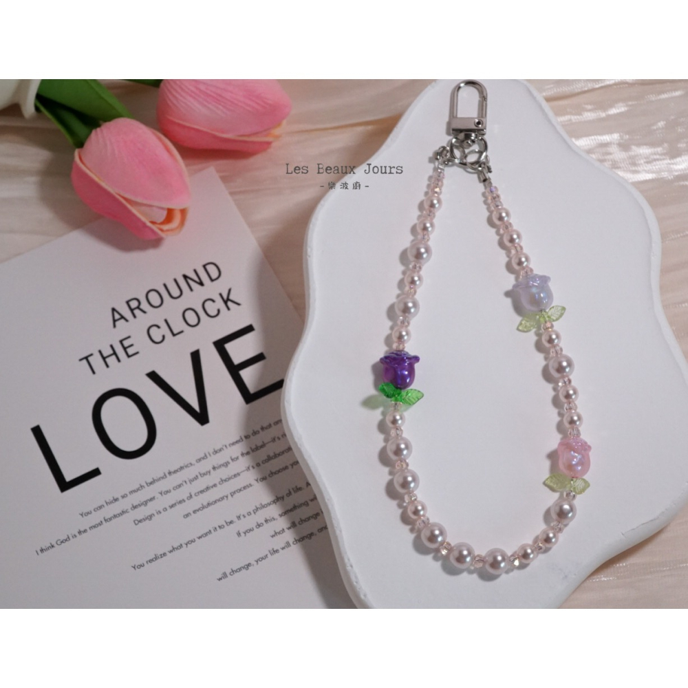 【樂波廚】《玫瑰花園》玫瑰花珍珠手機鍊｜法式浪漫．吊飾．手作設計-細節圖2