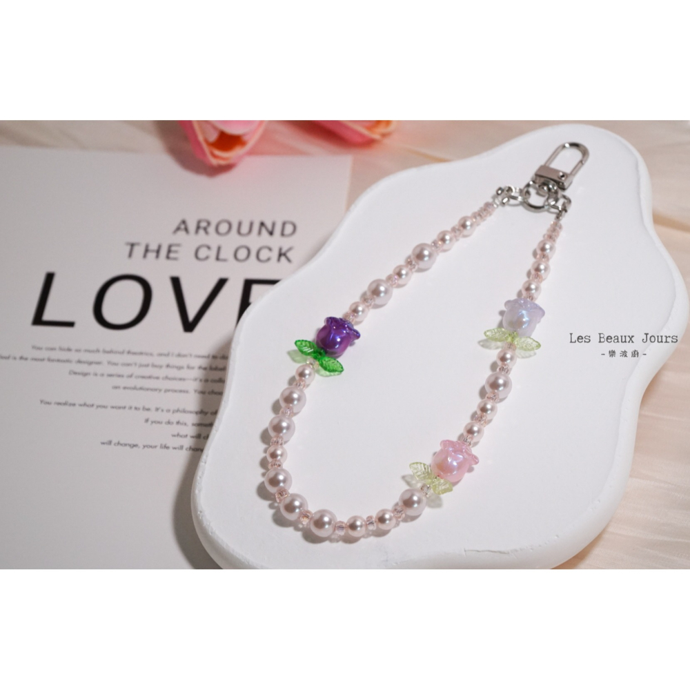 【樂波廚】《玫瑰花園》玫瑰花珍珠手機鍊｜法式浪漫．吊飾．手作設計-細節圖4