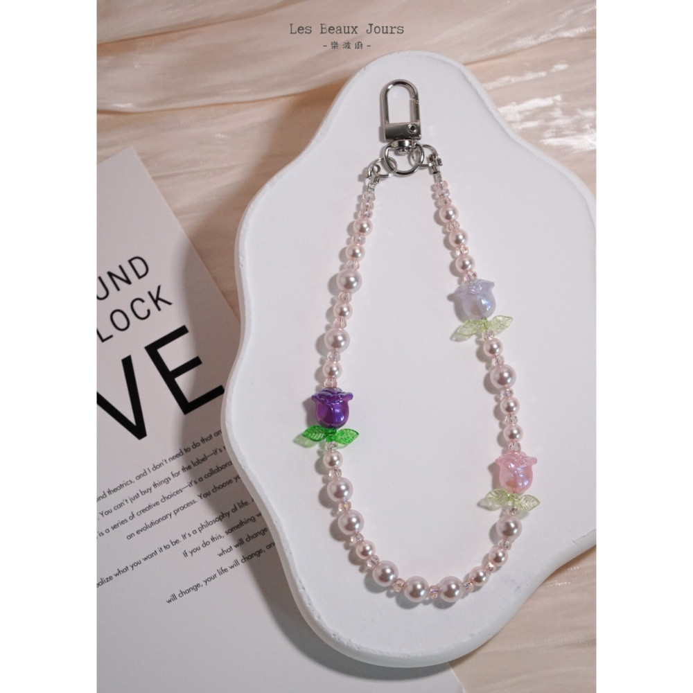 【樂波廚】《玫瑰花園》玫瑰花珍珠手機鍊｜法式浪漫．吊飾．手作設計-細節圖5