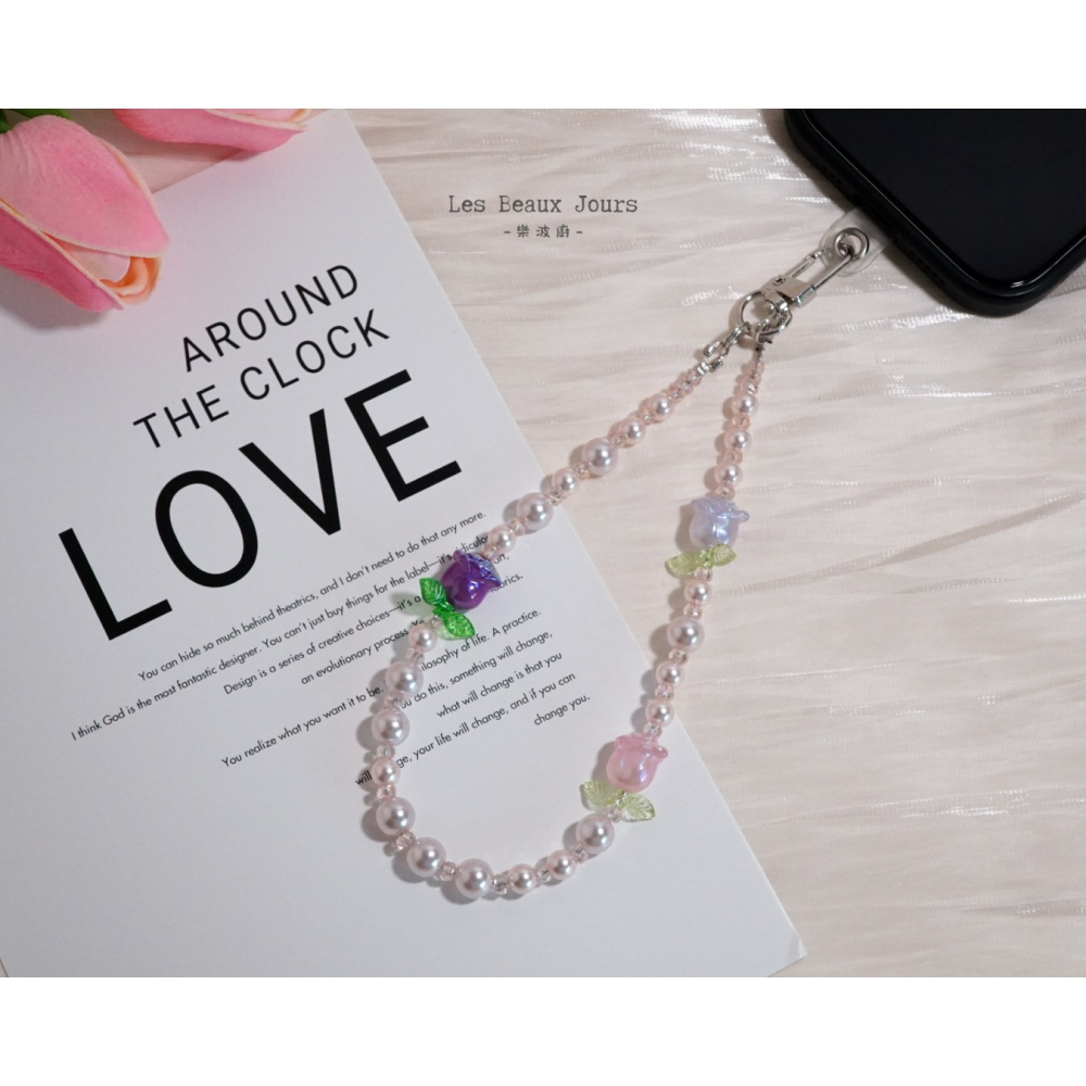 【樂波廚】《玫瑰花園》玫瑰花珍珠手機鍊｜法式浪漫．吊飾．手作設計-細節圖6