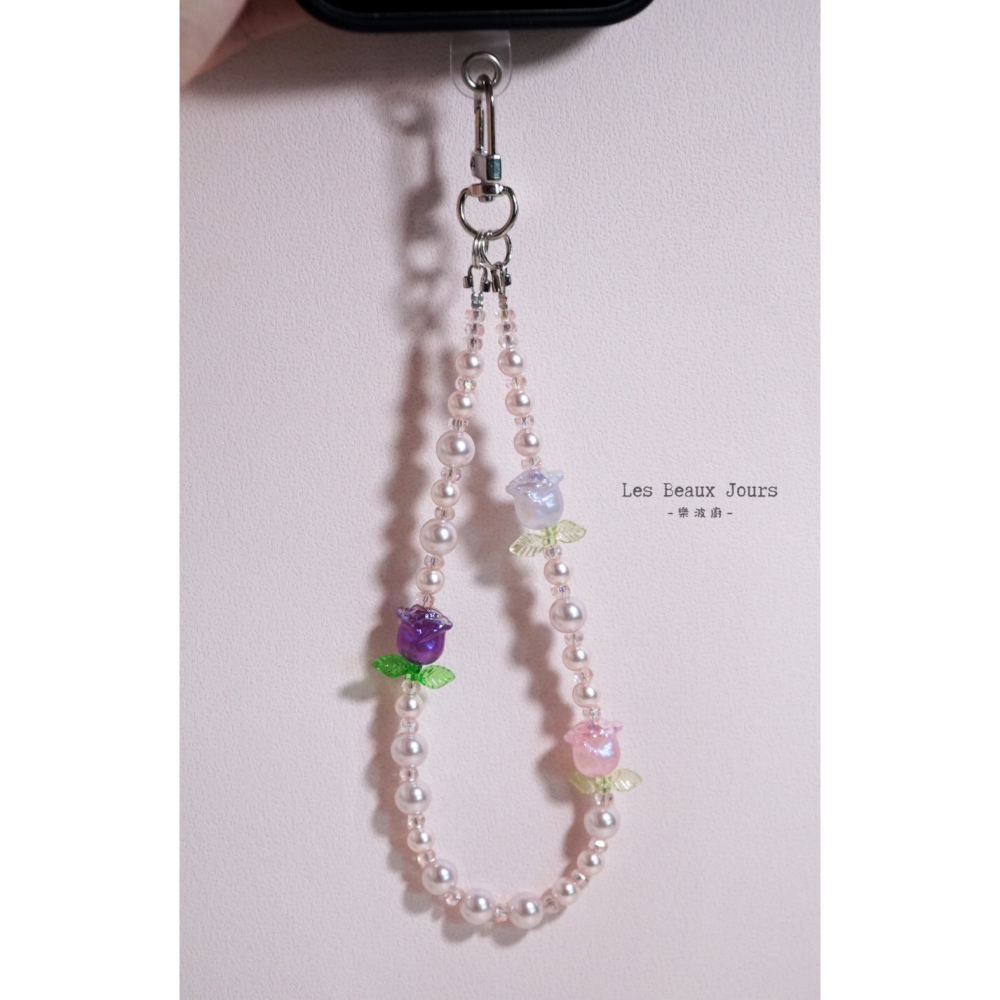 【樂波廚】《玫瑰花園》玫瑰花珍珠手機鍊｜法式浪漫．吊飾．手作設計-細節圖7