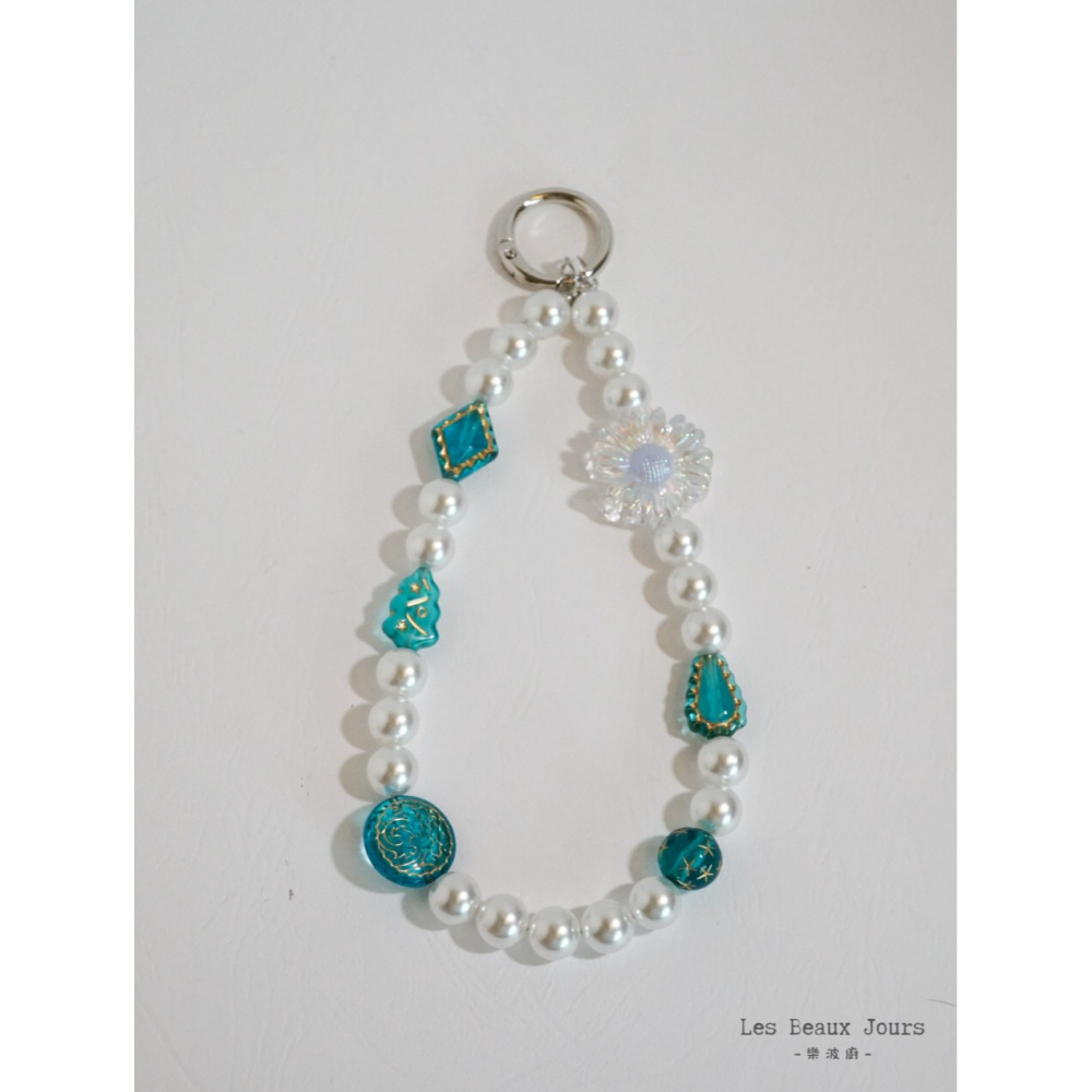 【樂波廚】《復古藍．太陽花》珍珠 手機鏈｜手作設計．掛繩．包包吊飾-細節圖2