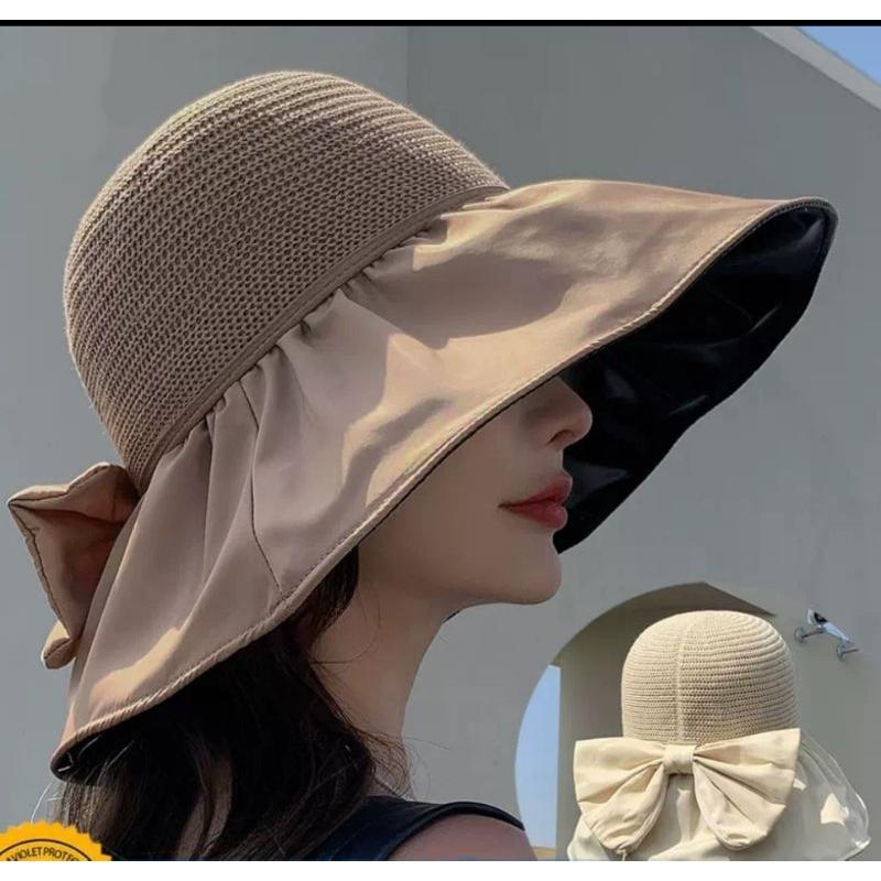 🎉買帽再送防風繩🌈台灣現貨🇹🇼《🥰暖心柑仔店》蝴蝶結收納袋黑膠蝴蝶結收納遮陽帽 防紫外線漁夫帽抗uv 防曬時尚遮臉太陽帽-細節圖2