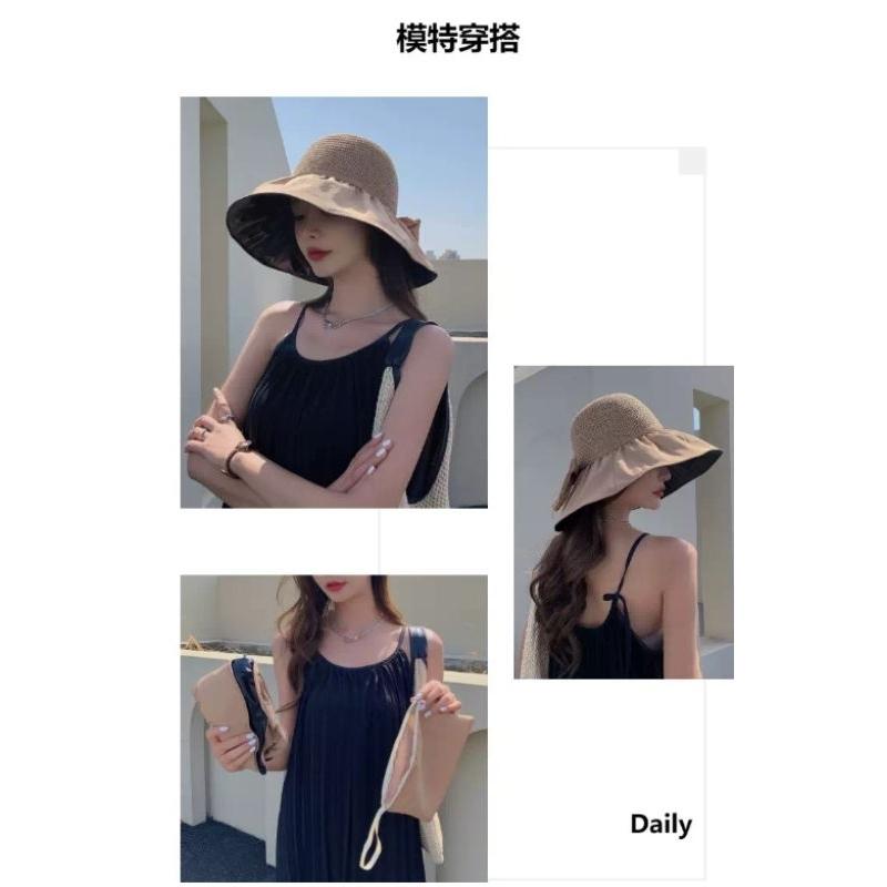 🎉買帽再送防風繩🌈台灣現貨🇹🇼《🥰暖心柑仔店》蝴蝶結收納袋黑膠蝴蝶結收納遮陽帽 防紫外線漁夫帽抗uv 防曬時尚遮臉太陽帽-細節圖3