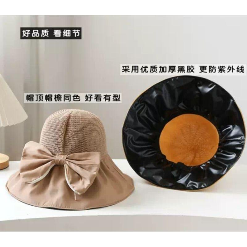 🎉買帽再送防風繩🌈台灣現貨🇹🇼《🥰暖心柑仔店》蝴蝶結收納袋黑膠蝴蝶結收納遮陽帽 防紫外線漁夫帽抗uv 防曬時尚遮臉太陽帽-細節圖6