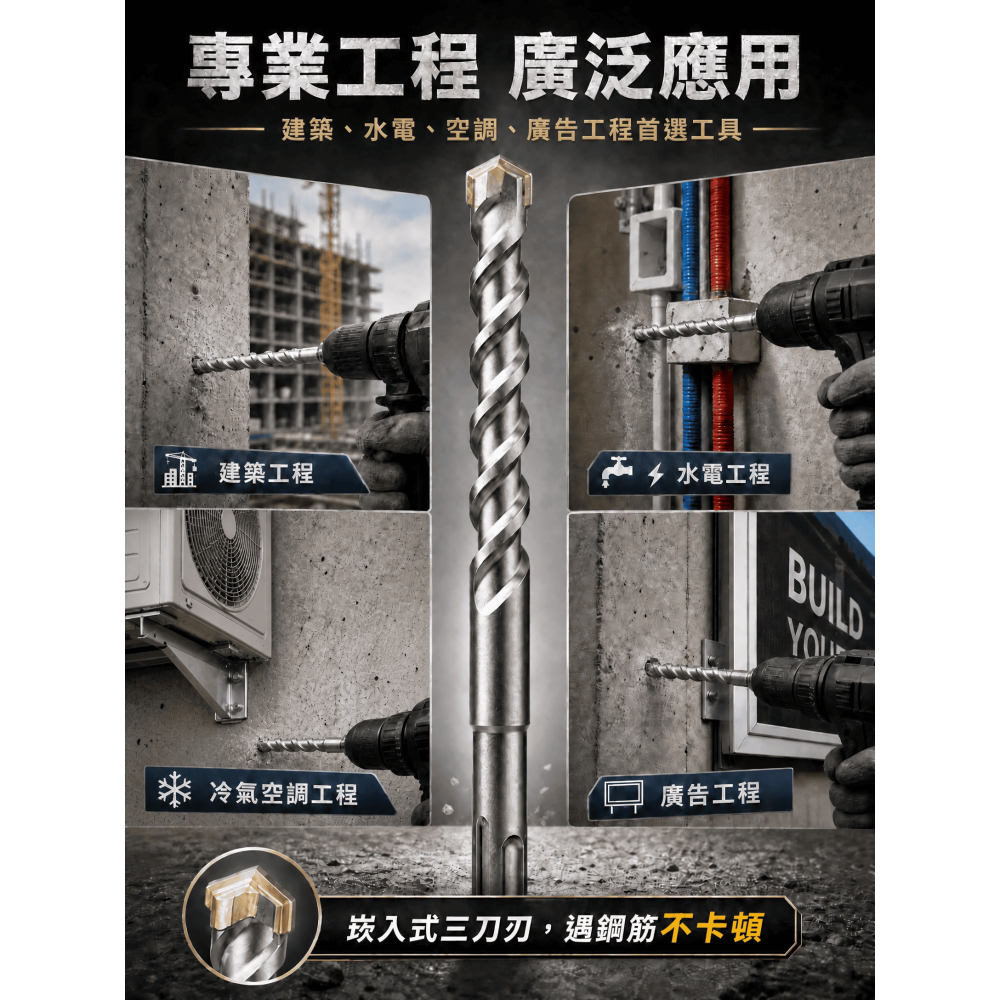促銷優惠 四溝3刃水泥鑽頭 德國鎢鋼嵌入式（不易脫落 遇鋼筋可鑽過）SDS-Plus三刃水泥鑽尾 5000磅水泥輕鬆鑽-細節圖5
