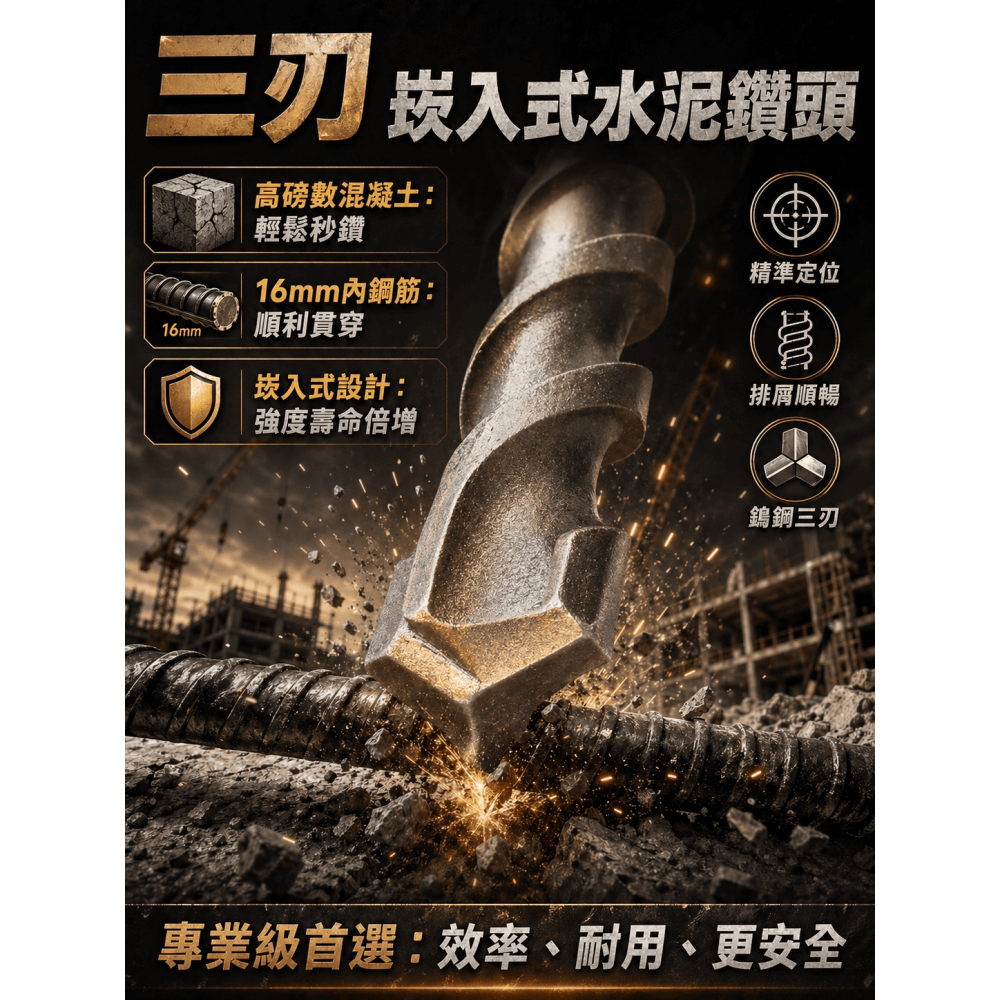 促銷優惠 四溝3刃水泥鑽頭 德國鎢鋼嵌入式（不易脫落 遇鋼筋可鑽過）SDS-Plus三刃水泥鑽尾 5000磅水泥輕鬆鑽-細節圖9
