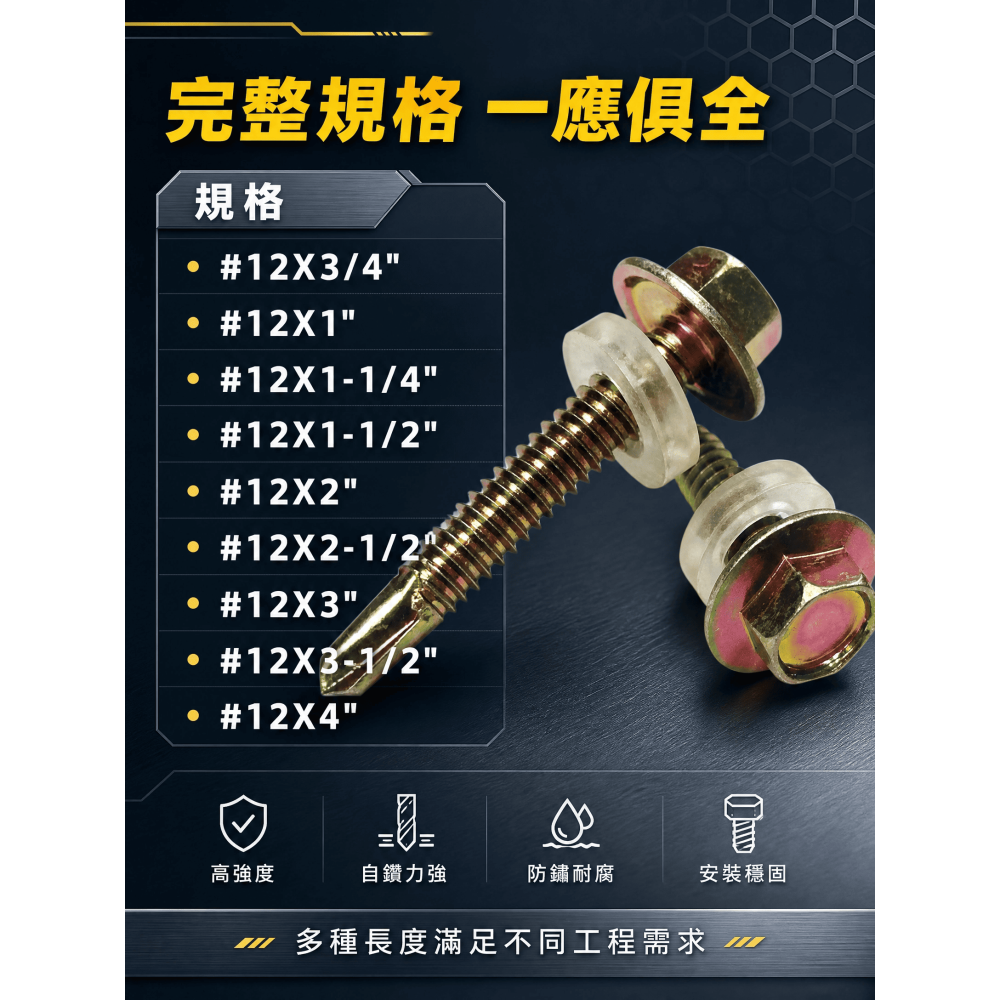 (每包200支)台灣原料 台灣製造 12#自攻螺絲 五彩六角浪板自攻釘 六角自攻鑽尾 屋頂螺絲 黑鐵 浪板螺絲-細節圖2