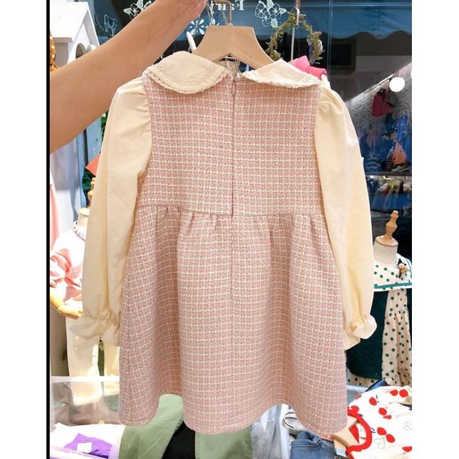 過年款 甜美翻領緹花 假2件式 小香風洋裝 森林系洋裝 泡泡袖雙口袋百褶洋裝-細節圖3