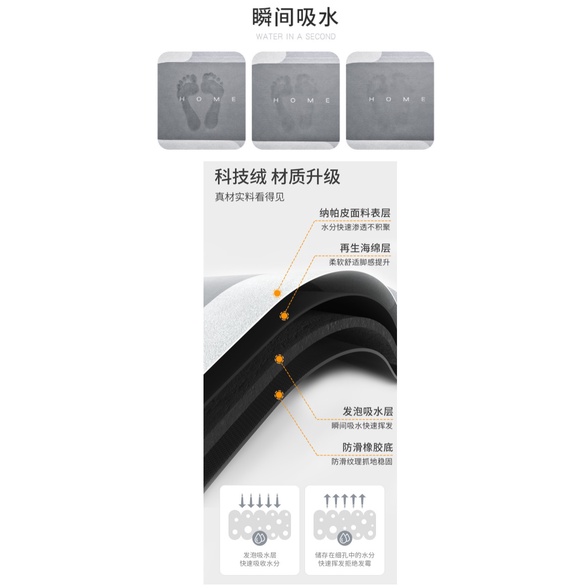 HY.北歐風軟式硅藻泥速乾防滑吸水地墊、浴室防滑腳踏墊 40*60cm-細節圖3