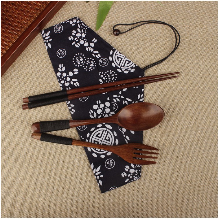 DY.Ж 日式和風袋天然木質環保餐具. 餐具組. 環保學生餐具.旅行便攜餐具(筷子.叉子.湯匙.收納袋4件套裝)-細節圖2