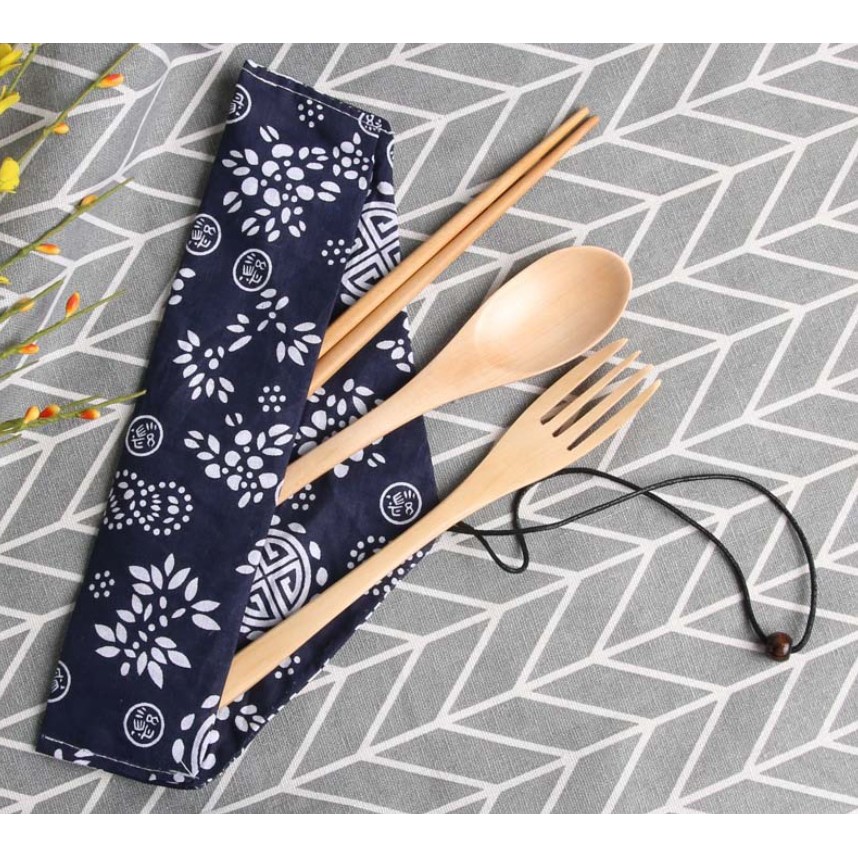 DY.Ж 日式和風袋天然木質環保餐具. 餐具組. 環保學生餐具.旅行便攜餐具(筷子.叉子.湯匙.收納袋4件套裝)-細節圖3