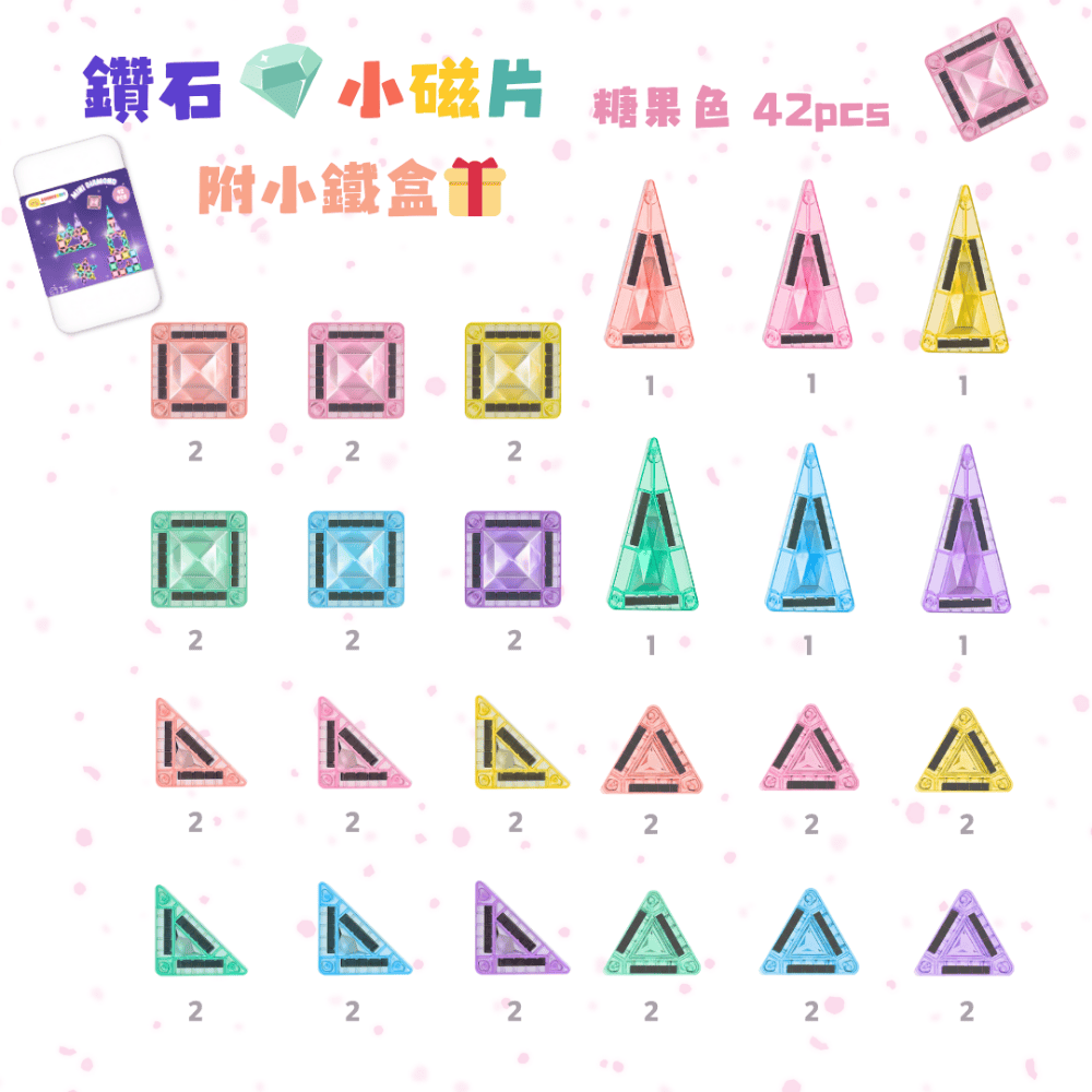 【ScienceBaby 】雪鑽磁力片 鑽石小磁片42PCS 兩色可選 (MNTL Connetix相容)-規格圖1