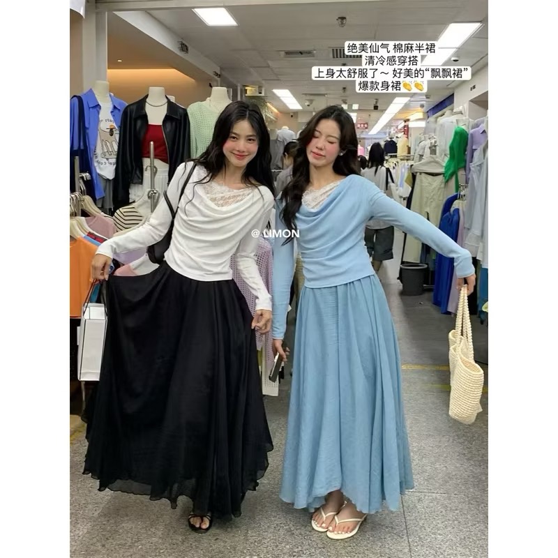 𝙍𝙪𝙡𝙖🎀 韓系 現貨 The Lemon爆款絕美仙氣 氣質美人鬆緊帶不規則剪裁長裙*4色 835849-細節圖5