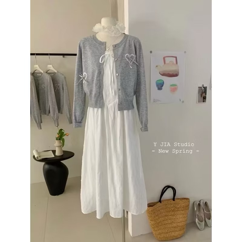 𝙍𝙪𝙡𝙖🎀韓系 現貨 甜美蝴蝶結針織衫+氣質吊帶洋裝套裝330399-細節圖3