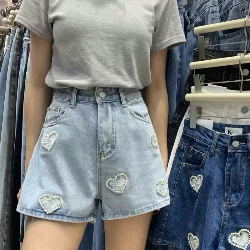 𝙍𝙪𝙡𝙖🎀 韓系 現貨&預購 高腰立體珍珠愛心牛仔短褲-細節圖2