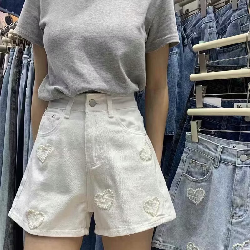 𝙍𝙪𝙡𝙖🎀 韓系 現貨&預購 高腰立體珍珠愛心牛仔短褲-細節圖3