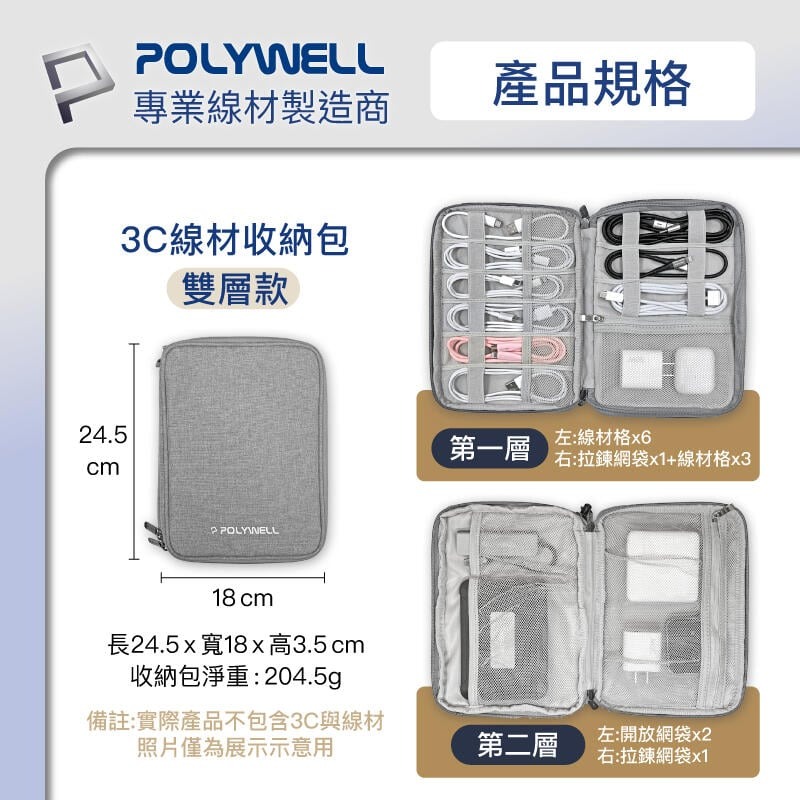 [大塊文具含發票] POLYWELL 3C大容量收納包 旅行收納袋 充電器充電線 無線耳機 一包搞定 適合出差 外出旅遊-細節圖8