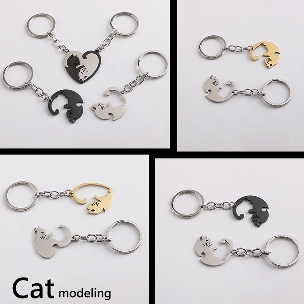 【OBIYUAN】鑰匙圈 一組兩個 鈦鋼 愛心貓 圓型貓 情侶 可組合 禮物 飾品【SR133】-細節圖6