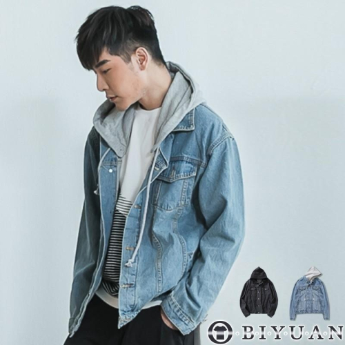 【OBIYUAN】牛仔外套 韓國 製 高品質 連帽 可拆式 寬鬆 落肩 夾克 外套【BD188】