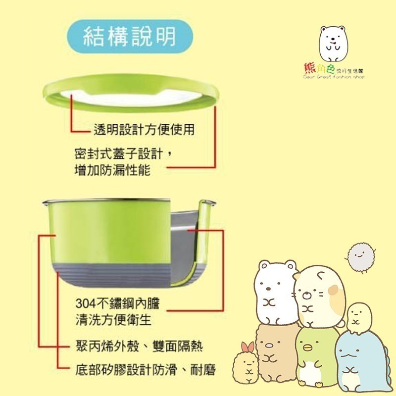 角落小夥伴 不鏽鋼圓形保鮮餐碗 防滑碗 止滑碗 大 超市藍 海洋粉紅 冰淇淋黃 【SG0128】 熊角色流行生活館-細節圖2