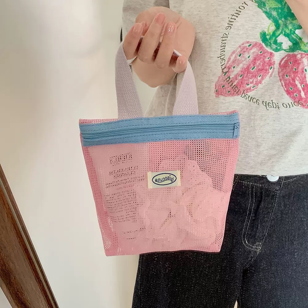 現貨速出🚚『收納袋/手提袋』⋯ 尼龍網紗撞色手提袋 19x20x5.7cm-細節圖3