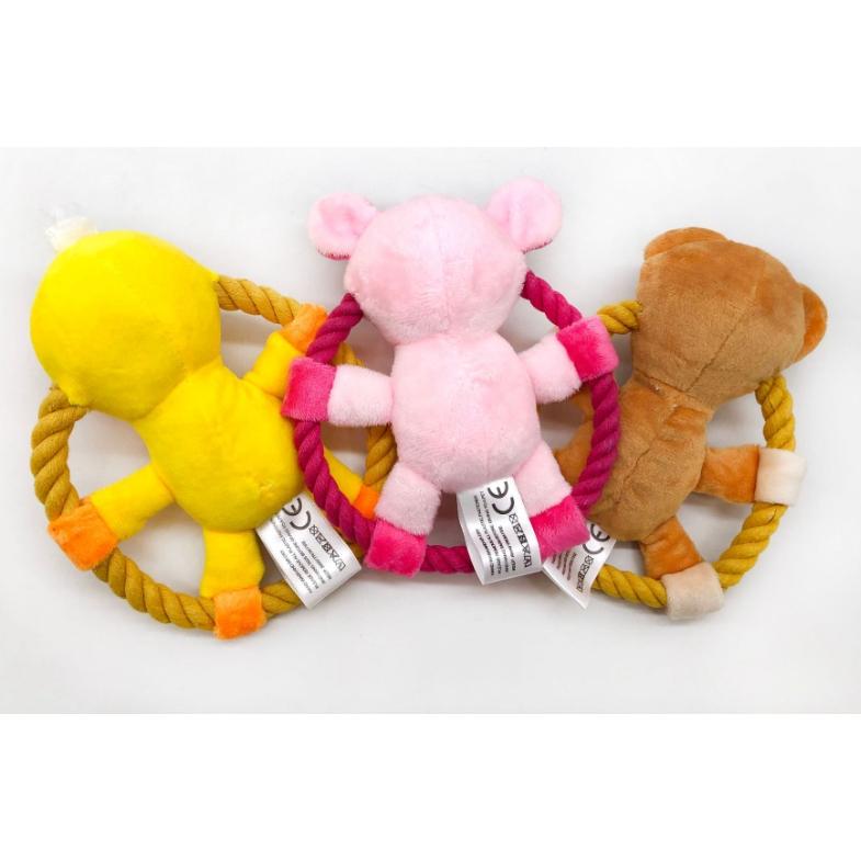 動物棉繩飛盤發聲玩具 寵物互動玩具 粉豬 小熊 黃鴨子造型-細節圖2