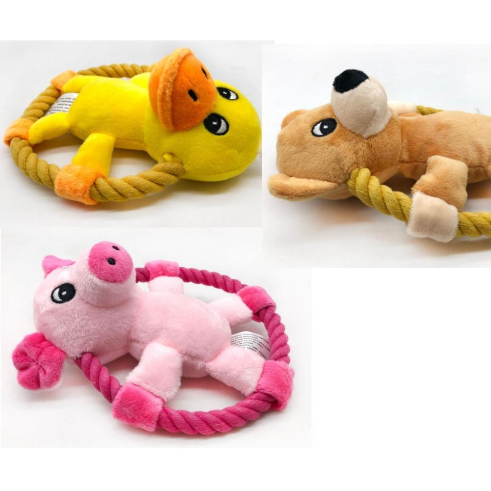 動物棉繩飛盤發聲玩具 寵物互動玩具 粉豬 小熊 黃鴨子造型-細節圖3